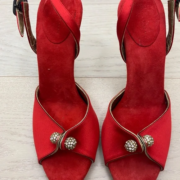 Donna Karan Red Satin Peep Toe Pumps slingback 8 4"heels - Picture 4 of 9